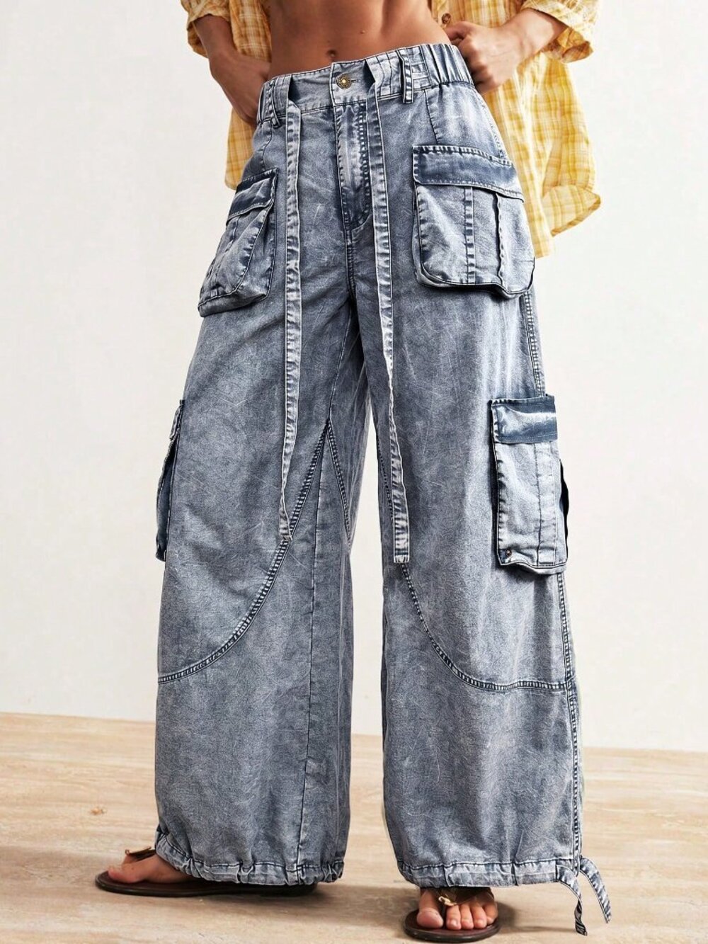Blue Casual Women's Y2K Woven Relaxed Cuffed Low Waist Long Pants - Picture 7 of 10